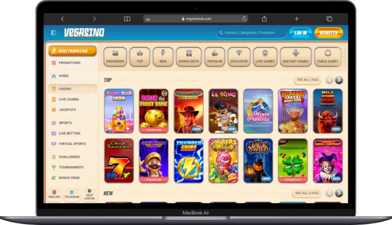 Vegasino Casino review desktop view of the lobby with slot categories, provider and volatility filters, a search field, and visible promotions for UK players