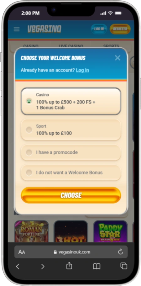 Getting started with Vegasino online in the UK on iPhone showing the welcome bonus chooser with 100% up to £500 and 200 free spins and quick access to the cashier