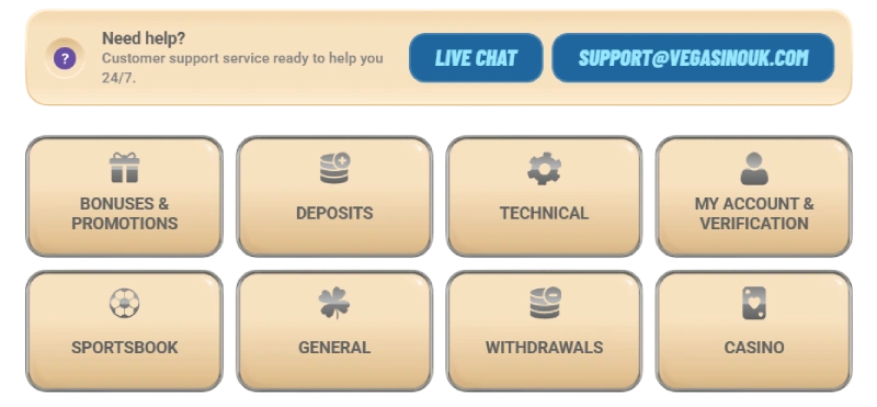 Vegasino support and safety page with live chat and email contacts plus tiles for bonuses, deposits, withdrawals, technical help, and account verification alongside safer gambling tools