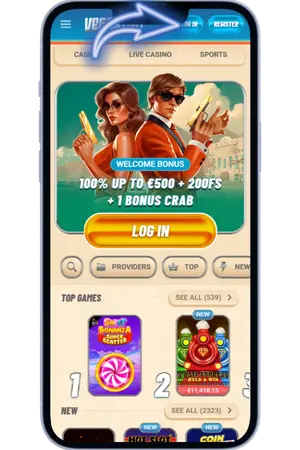 LOG IN button on Vegasino mobile homepage